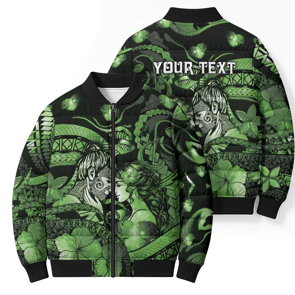 Personalised Maori Romantic Valentine Bomber Puffer Jacket The Hongi Kiss Green Galaxy