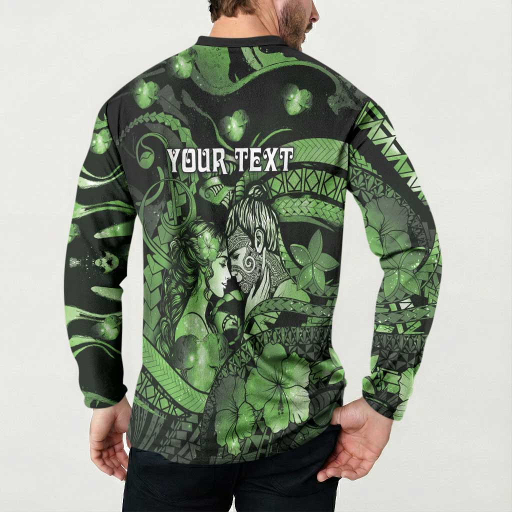 Personalised Maori Romantic Valentine Button Sweatshirt The Hongi Kiss Green Galaxy
