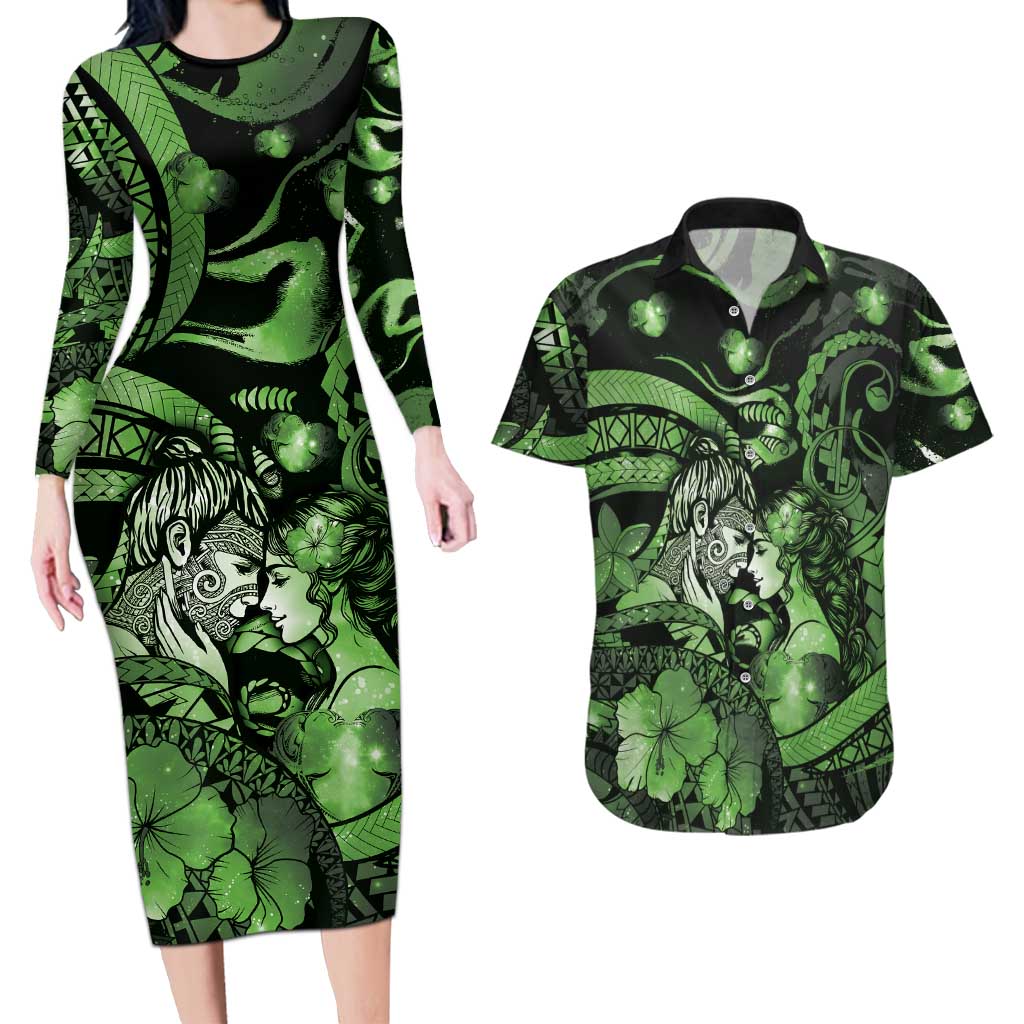 Personalised Maori Romantic Valentine Couples Matching Long Sleeve Bodycon Dress and Hawaiian Shirt The Hongi Kiss Green Galaxy DT05 Green - Polynesian Pride