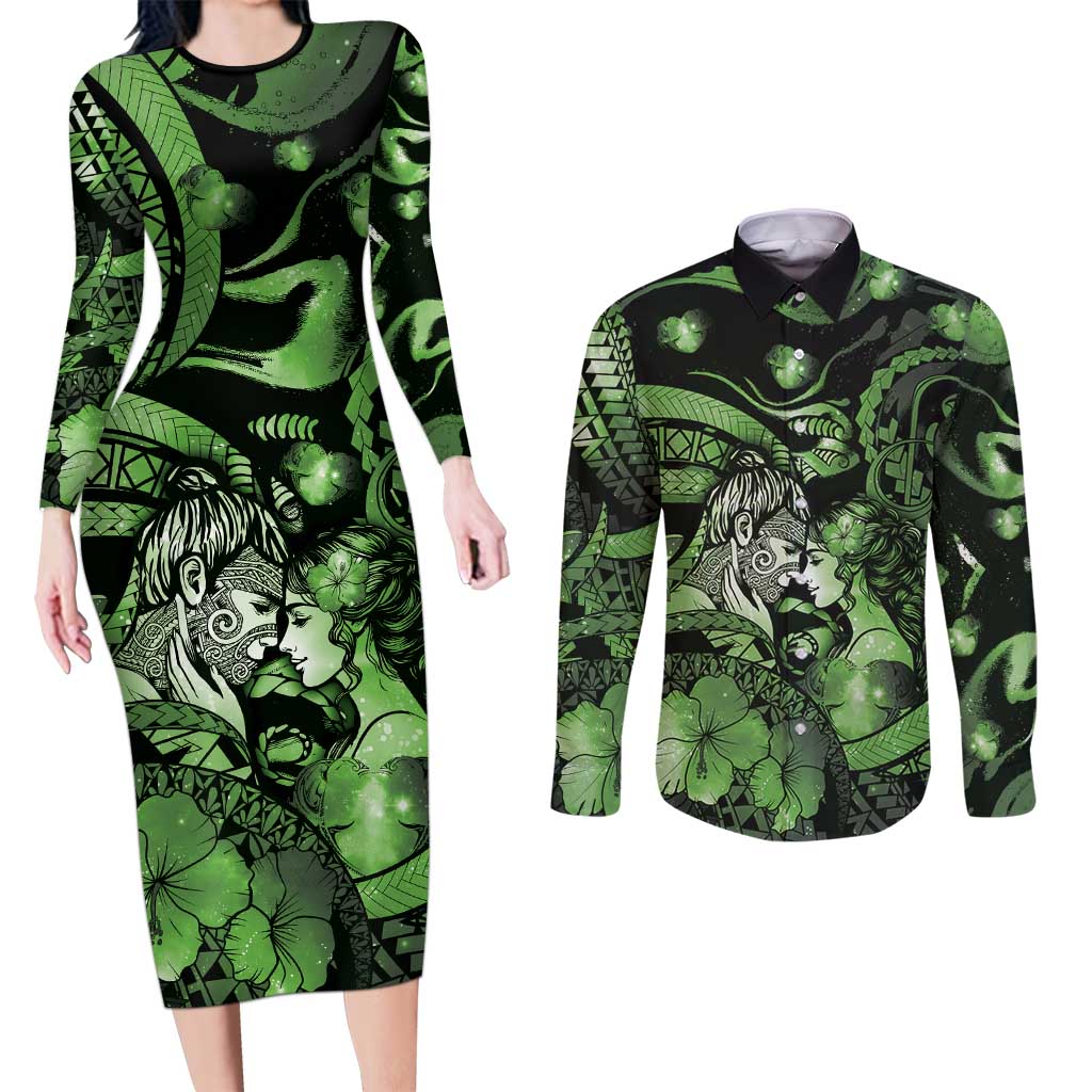 Personalised Maori Romantic Valentine Couples Matching Long Sleeve Bodycon Dress and Long Sleeve Button Shirt The Hongi Kiss Green Galaxy DT05 Green - Polynesian Pride