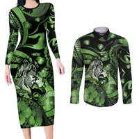 Personalised Maori Romantic Valentine Couples Matching Long Sleeve Bodycon Dress and Long Sleeve Button Shirt The Hongi Kiss Green Galaxy DT05 Green - Polynesian Pride
