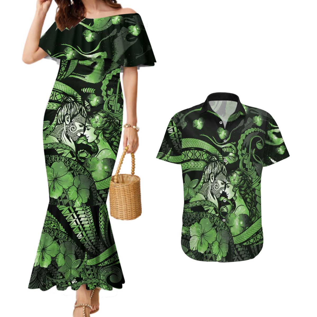 Personalised Maori Romantic Valentine Couples Matching Mermaid Dress and Hawaiian Shirt The Hongi Kiss Green Galaxy DT05 Green - Polynesian Pride