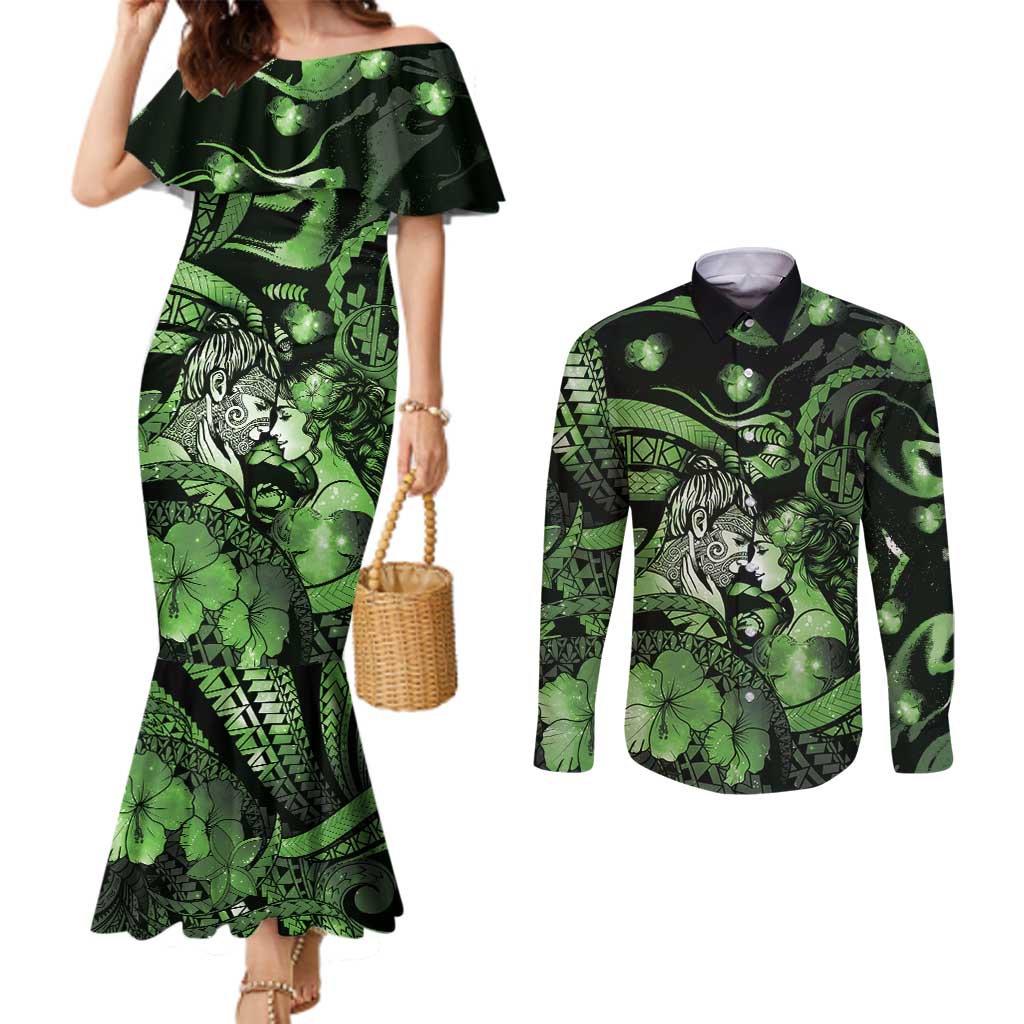 Personalised Maori Romantic Valentine Couples Matching Mermaid Dress and Long Sleeve Button Shirt The Hongi Kiss Green Galaxy
