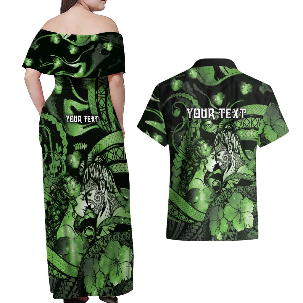 Personalised Maori Romantic Valentine Couples Matching Off Shoulder Maxi Dress and Hawaiian Shirt The Hongi Kiss Green Galaxy DT05 - Polynesian Pride
