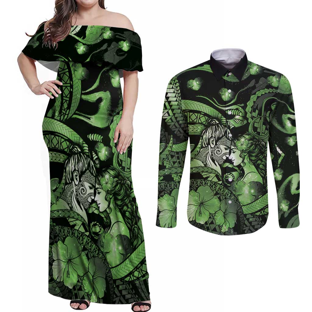 Personalised Maori Romantic Valentine Couples Matching Off Shoulder Maxi Dress and Long Sleeve Button Shirt The Hongi Kiss Green Galaxy