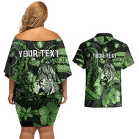 Personalised Maori Romantic Valentine Couples Matching Off Shoulder Short Dress and Hawaiian Shirt The Hongi Kiss Green Galaxy DT05 - Polynesian Pride