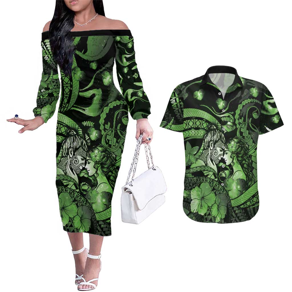 Personalised Maori Romantic Valentine Couples Matching Off The Shoulder Long Sleeve Dress and Hawaiian Shirt The Hongi Kiss Green Galaxy