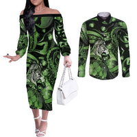 Personalised Maori Romantic Valentine Couples Matching Off The Shoulder Long Sleeve Dress and Long Sleeve Button Shirt The Hongi Kiss Green Galaxy DT05 Green - Polynesian Pride