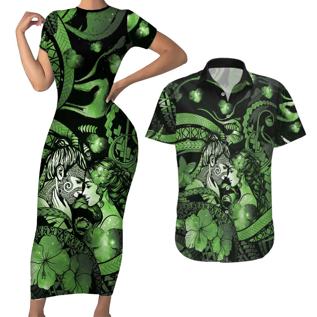 Personalised Maori Romantic Valentine Couples Matching Short Sleeve Bodycon Dress and Hawaiian Shirt The Hongi Kiss Green Galaxy DT05 Green - Polynesian Pride
