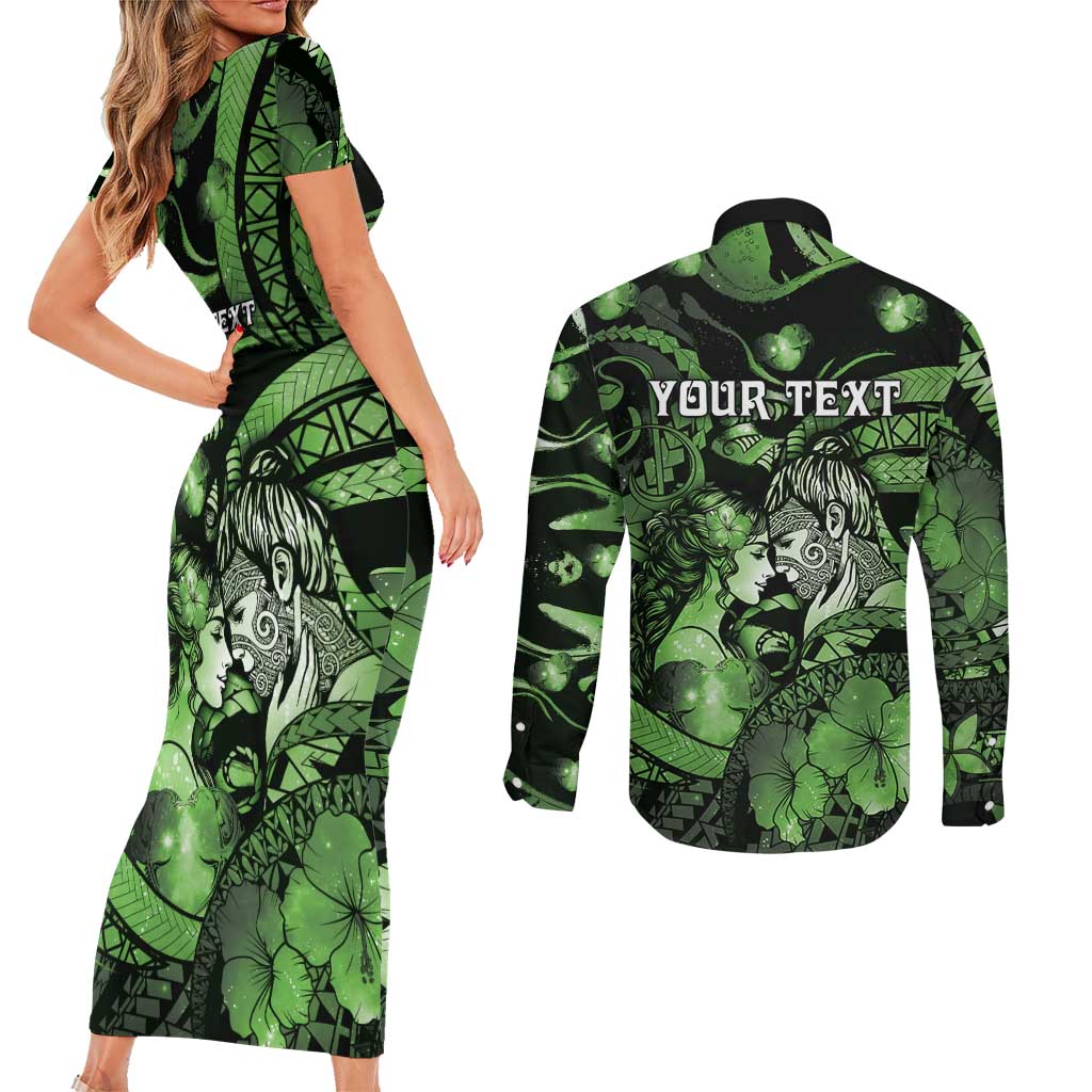 Personalised Maori Romantic Valentine Couples Matching Short Sleeve Bodycon Dress and Long Sleeve Button Shirt The Hongi Kiss Green Galaxy DT05 - Polynesian Pride