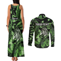 Personalised Maori Romantic Valentine Couples Matching Tank Maxi Dress and Long Sleeve Button Shirt The Hongi Kiss Green Galaxy DT05 - Polynesian Pride