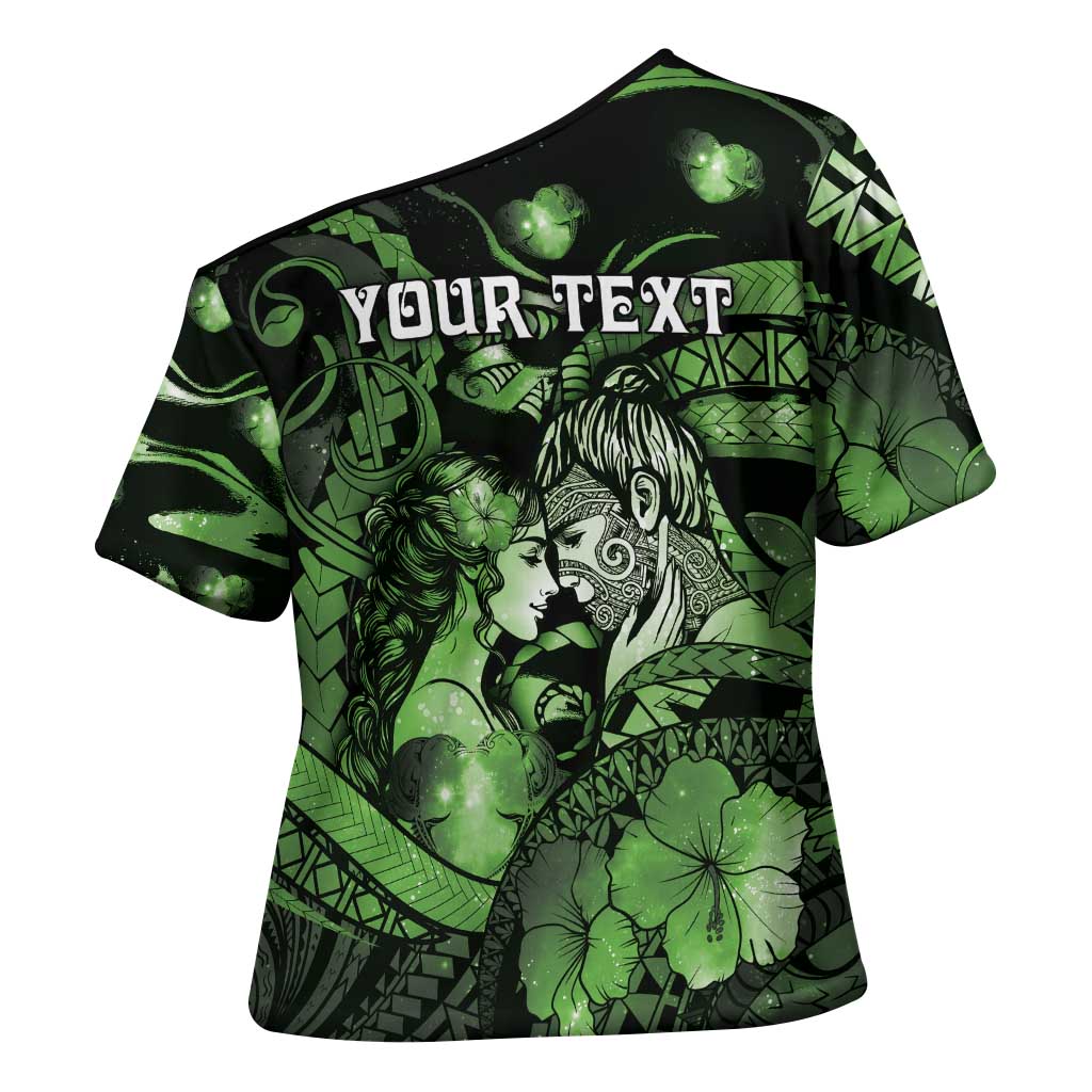 Personalised Maori Romantic Valentine Cross Shoulder Shirt The Hongi Kiss Green Galaxy