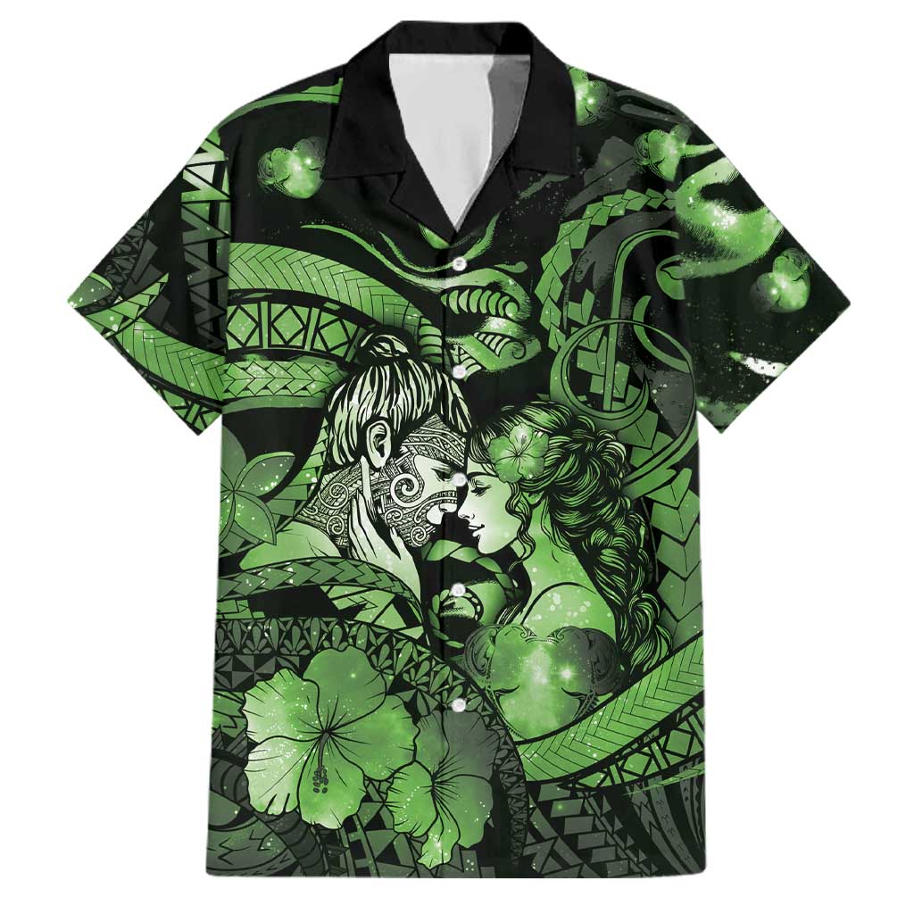 Personalised Maori Romantic Valentine Family Matching Off Shoulder Maxi Dress and Hawaiian Shirt The Hongi Kiss Green Galaxy DT05 Dad's Shirt - Short Sleeve Green - Polynesian Pride