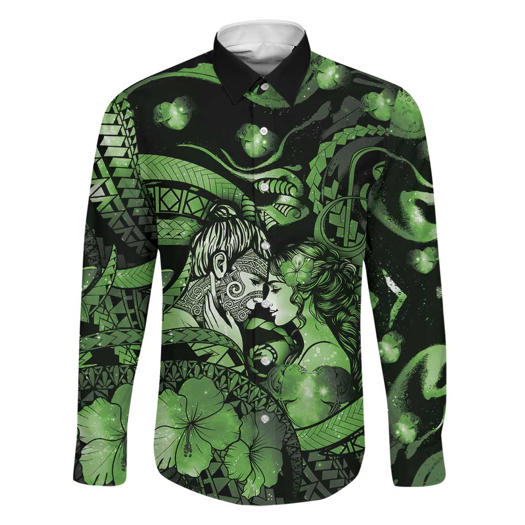 Personalised Maori Romantic Valentine Family Matching Puletasi and Hawaiian Shirt The Hongi Kiss Green Galaxy DT05 Dad's Shirt - Long Sleeve Green - Polynesian Pride