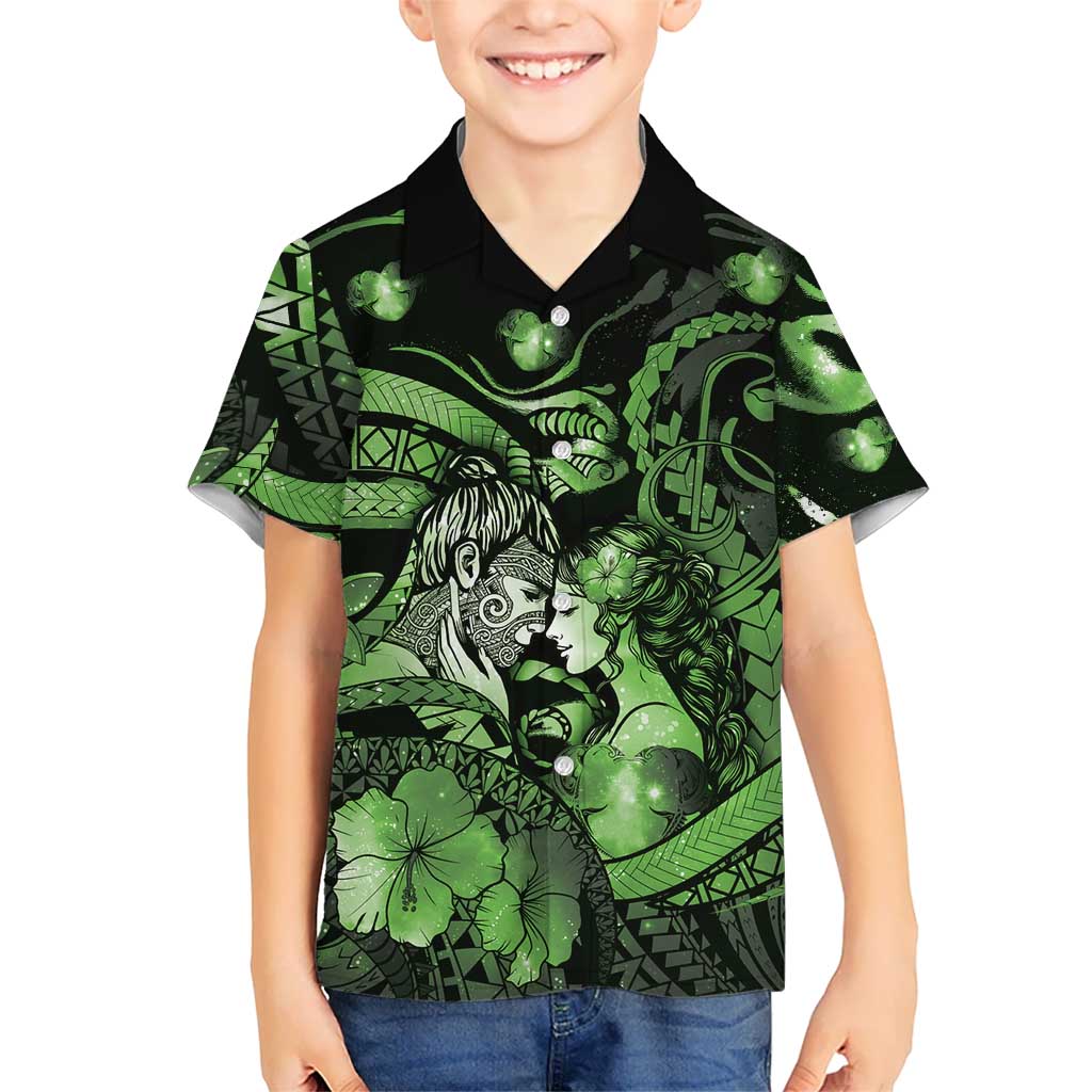 Personalised Maori Romantic Valentine Family Matching Puletasi and Hawaiian Shirt The Hongi Kiss Green Galaxy DT05 Son's Shirt Green - Polynesian Pride