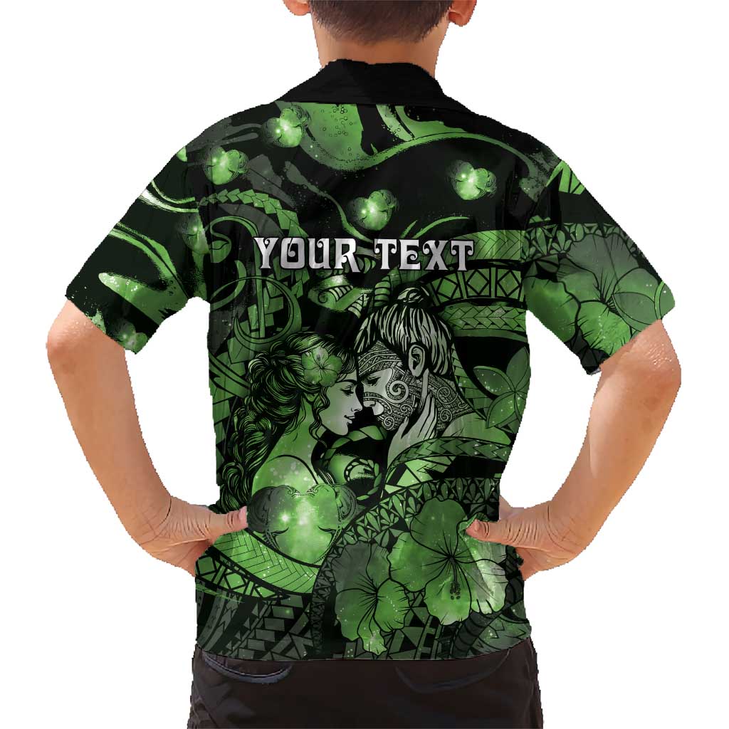 Personalised Maori Romantic Valentine Family Matching Short Sleeve Bodycon Dress and Hawaiian Shirt The Hongi Kiss Green Galaxy DT05 - Polynesian Pride
