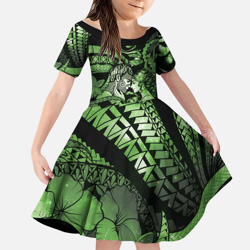 Personalised Maori Romantic Valentine Family Matching Short Sleeve Bodycon Dress and Hawaiian Shirt The Hongi Kiss Green Galaxy DT05 Daughter's Dress Green - Polynesian Pride
