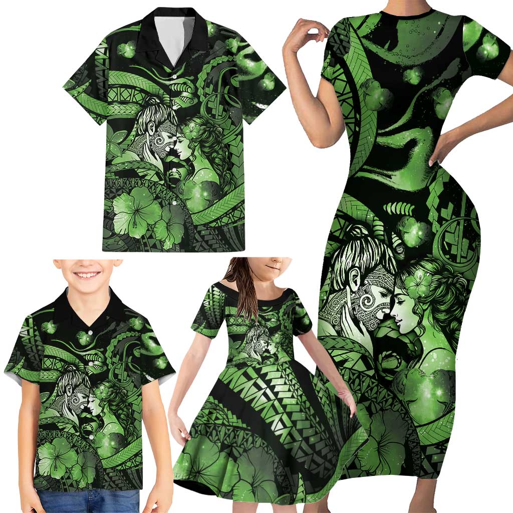Personalised Maori Romantic Valentine Family Matching Short Sleeve Bodycon Dress and Hawaiian Shirt The Hongi Kiss Green Galaxy DT05 - Polynesian Pride