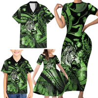 Personalised Maori Romantic Valentine Family Matching Short Sleeve Bodycon Dress and Hawaiian Shirt The Hongi Kiss Green Galaxy DT05 - Polynesian Pride