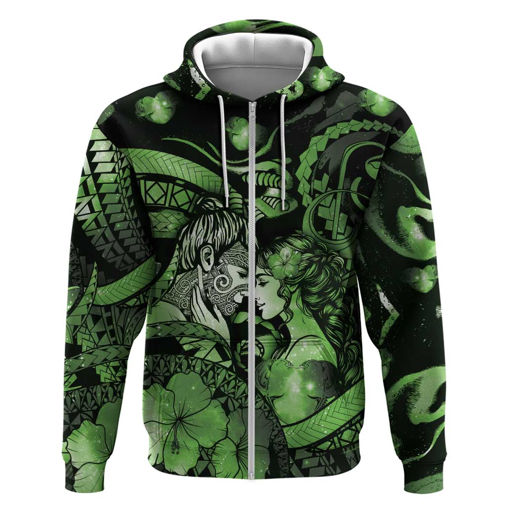 Personalised Maori Romantic Valentine Hoodie The Hongi Kiss Green Galaxy