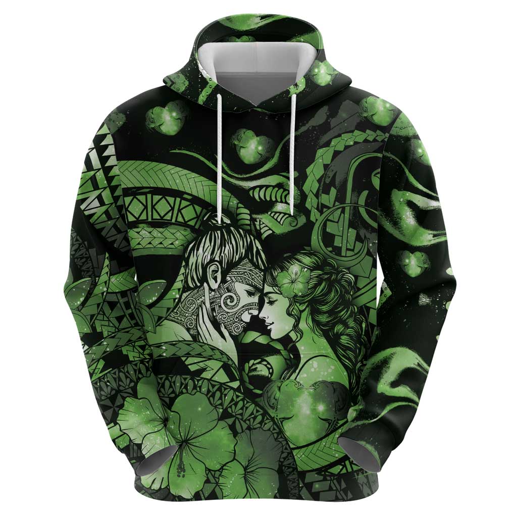 Personalised Maori Romantic Valentine Hoodie The Hongi Kiss Green Galaxy