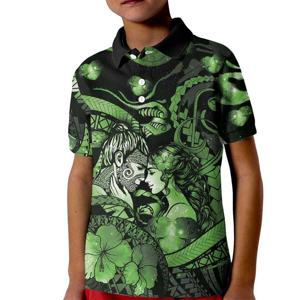Personalised Maori Romantic Valentine Kid Polo Shirt The Hongi Kiss Green Galaxy
