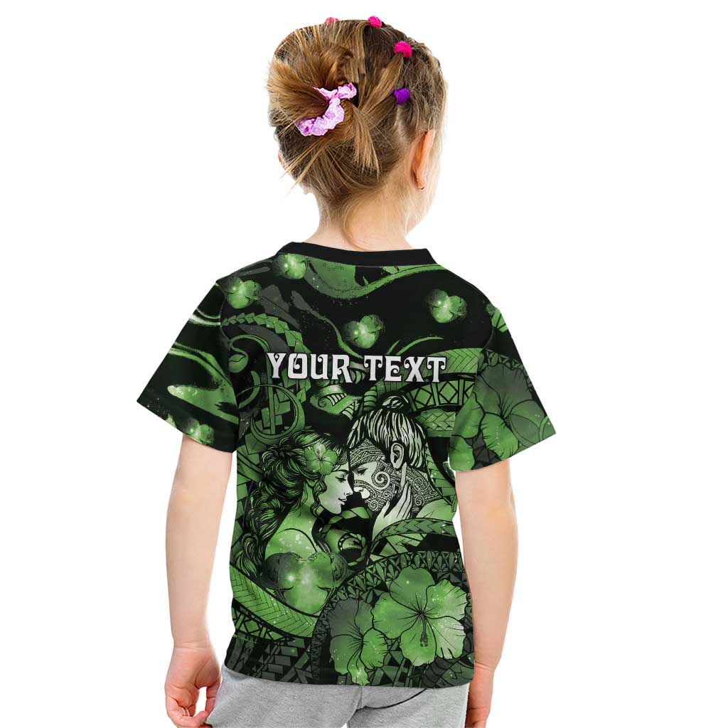 Personalised Maori Romantic Valentine Kid T Shirt The Hongi Kiss Green Galaxy