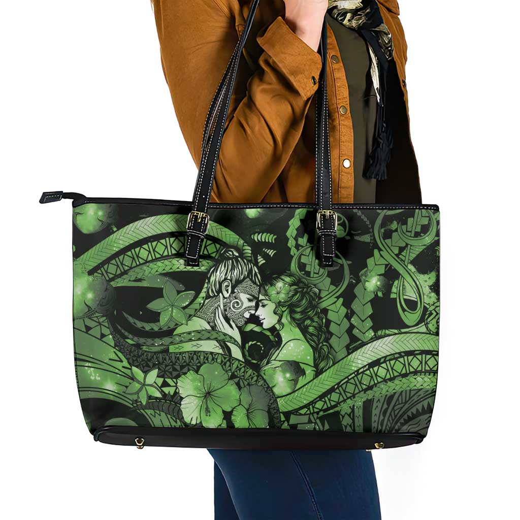 Maori Romantic Valentine Leather Tote Bag The Hongi Kiss Green Galaxy