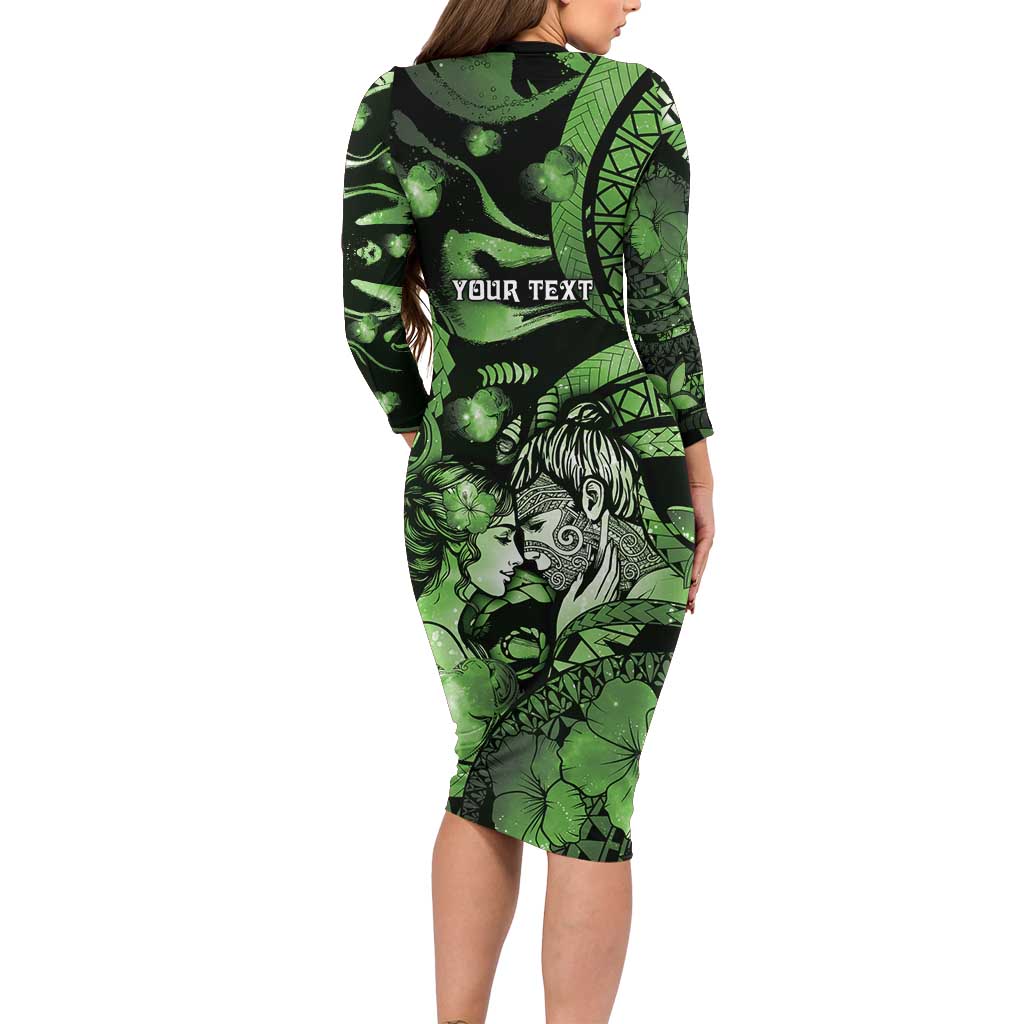 Personalised Maori Romantic Valentine Long Sleeve Bodycon Dress The Hongi Kiss Green Galaxy