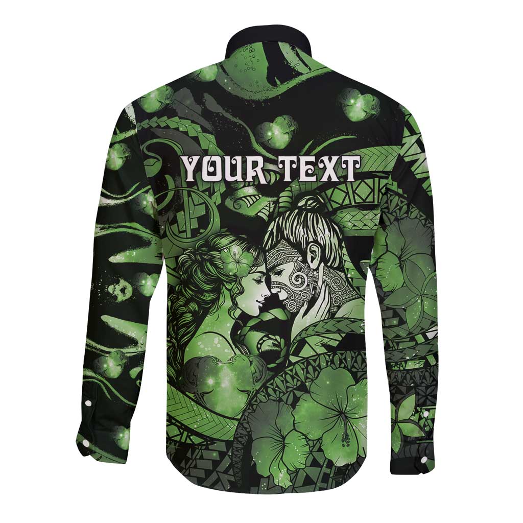 Personalised Maori Romantic Valentine Long Sleeve Button Shirt The Hongi Kiss Green Galaxy