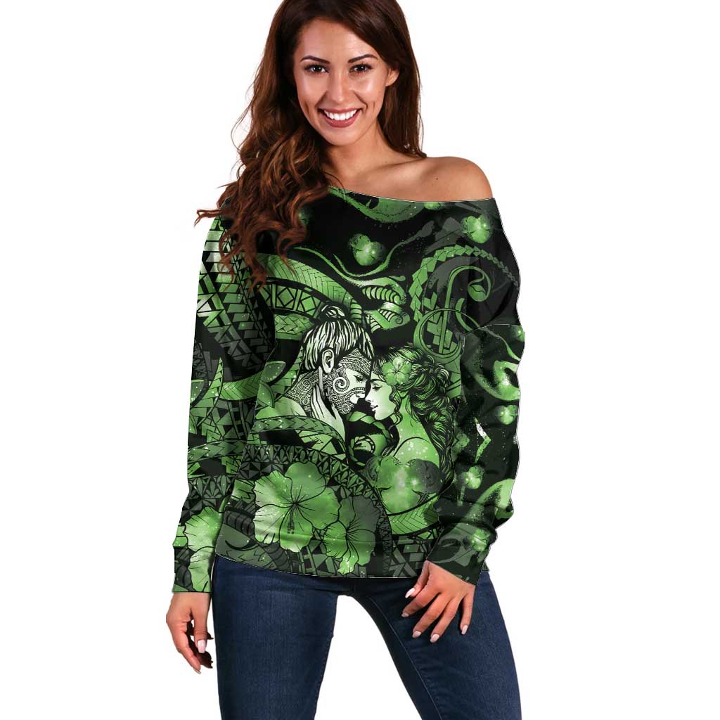 Personalised Maori Romantic Valentine Off Shoulder Sweater The Hongi Kiss Green Galaxy