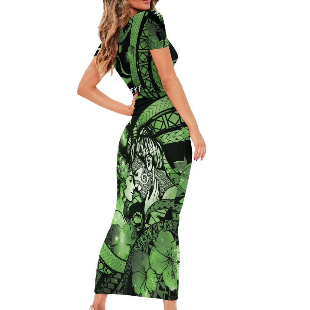 Personalised Maori Romantic Valentine Short Sleeve Bodycon Dress The Hongi Kiss Green Galaxy