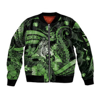 Personalised Maori Romantic Valentine Sleeve Zip Bomber Jacket The Hongi Kiss Green Galaxy
