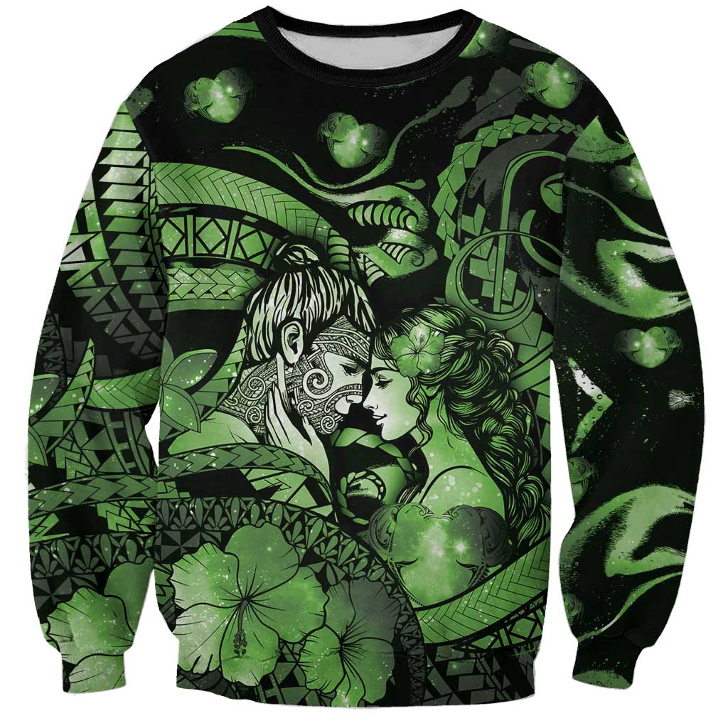 Personalised Maori Romantic Valentine Sweatshirt The Hongi Kiss Green Galaxy