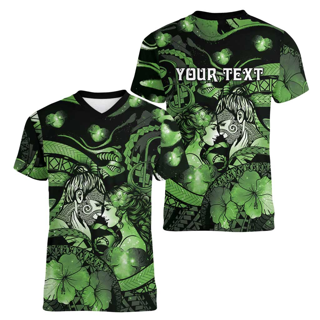 Personalised Maori Romantic Valentine Women V-Neck T-Shirt The Hongi Kiss Green Galaxy DT05 - Polynesian Pride
