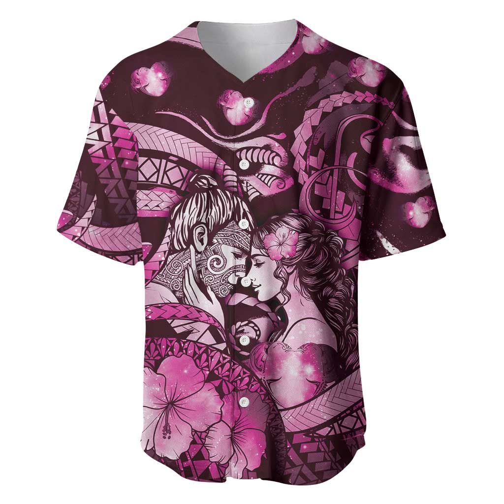 Personalised Maori Romantic Valentine Baseball Jersey The Hongi Kiss Pink Galaxy