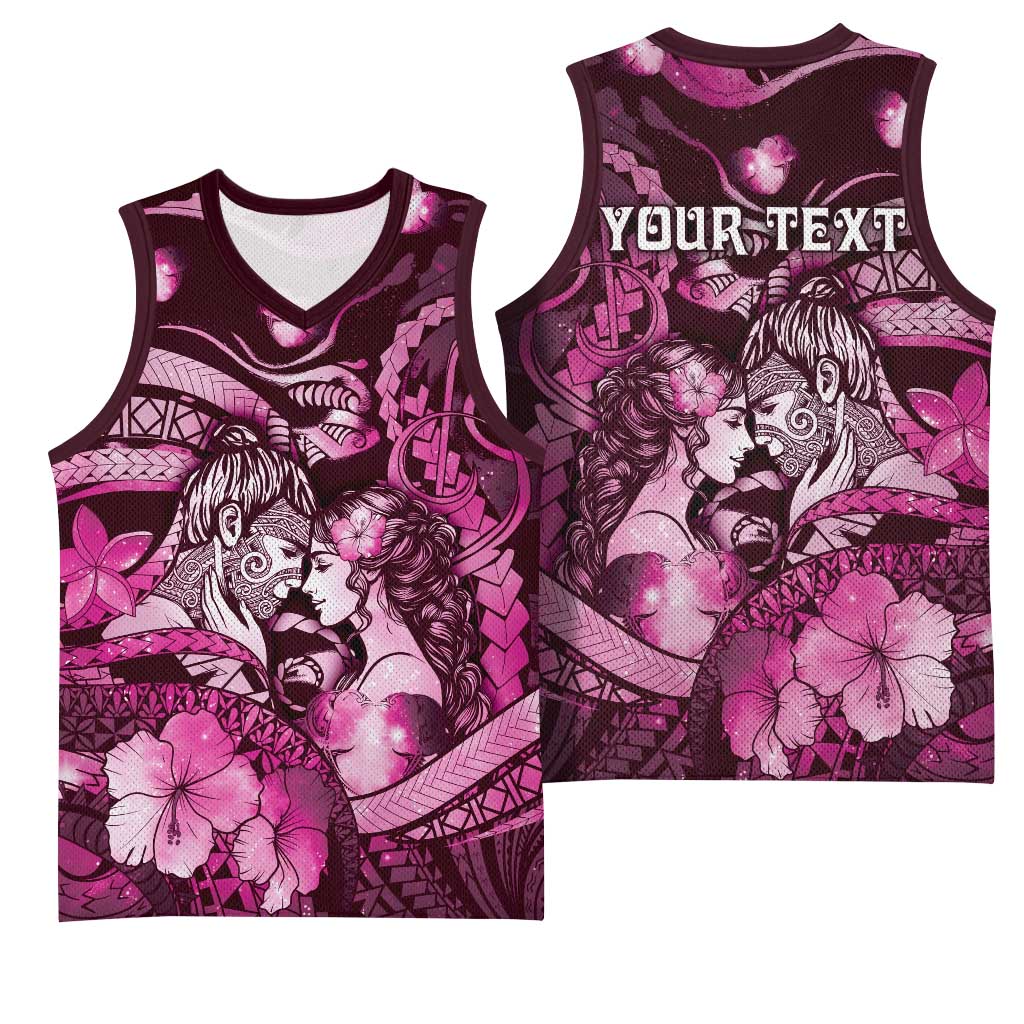 Personalised Maori Romantic Valentine Basketball Jersey The Hongi Kiss Pink Galaxy