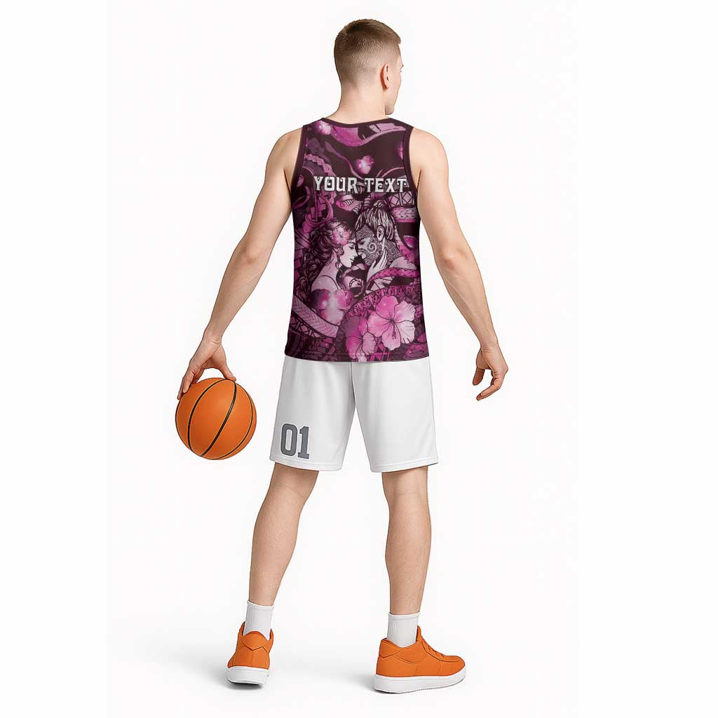 Personalised Maori Romantic Valentine Basketball Jersey The Hongi Kiss Pink Galaxy