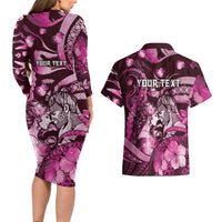 Personalised Maori Romantic Valentine Couples Matching Long Sleeve Bodycon Dress and Hawaiian Shirt The Hongi Kiss Pink Galaxy DT05 - Polynesian Pride