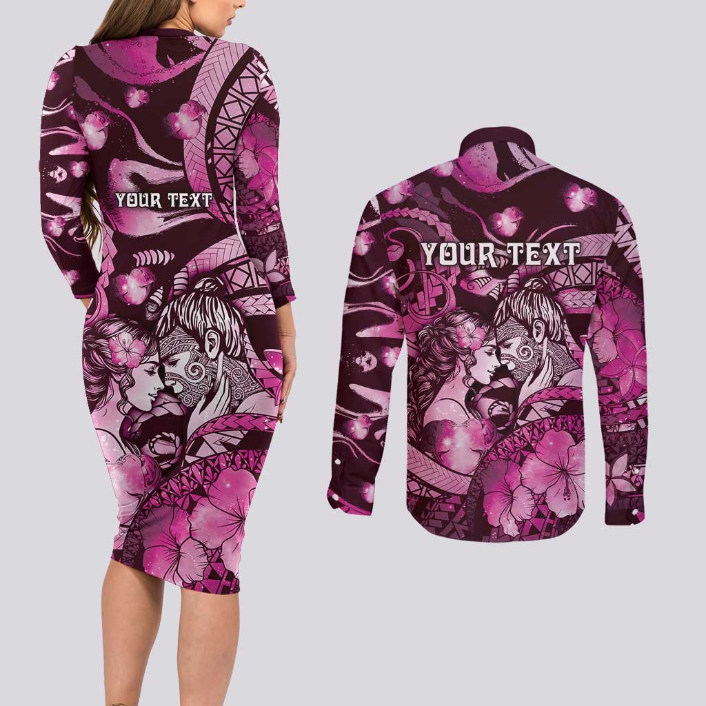 Personalised Maori Romantic Valentine Couples Matching Long Sleeve Bodycon Dress and Long Sleeve Button Shirt The Hongi Kiss Pink Galaxy DT05 - Polynesian Pride