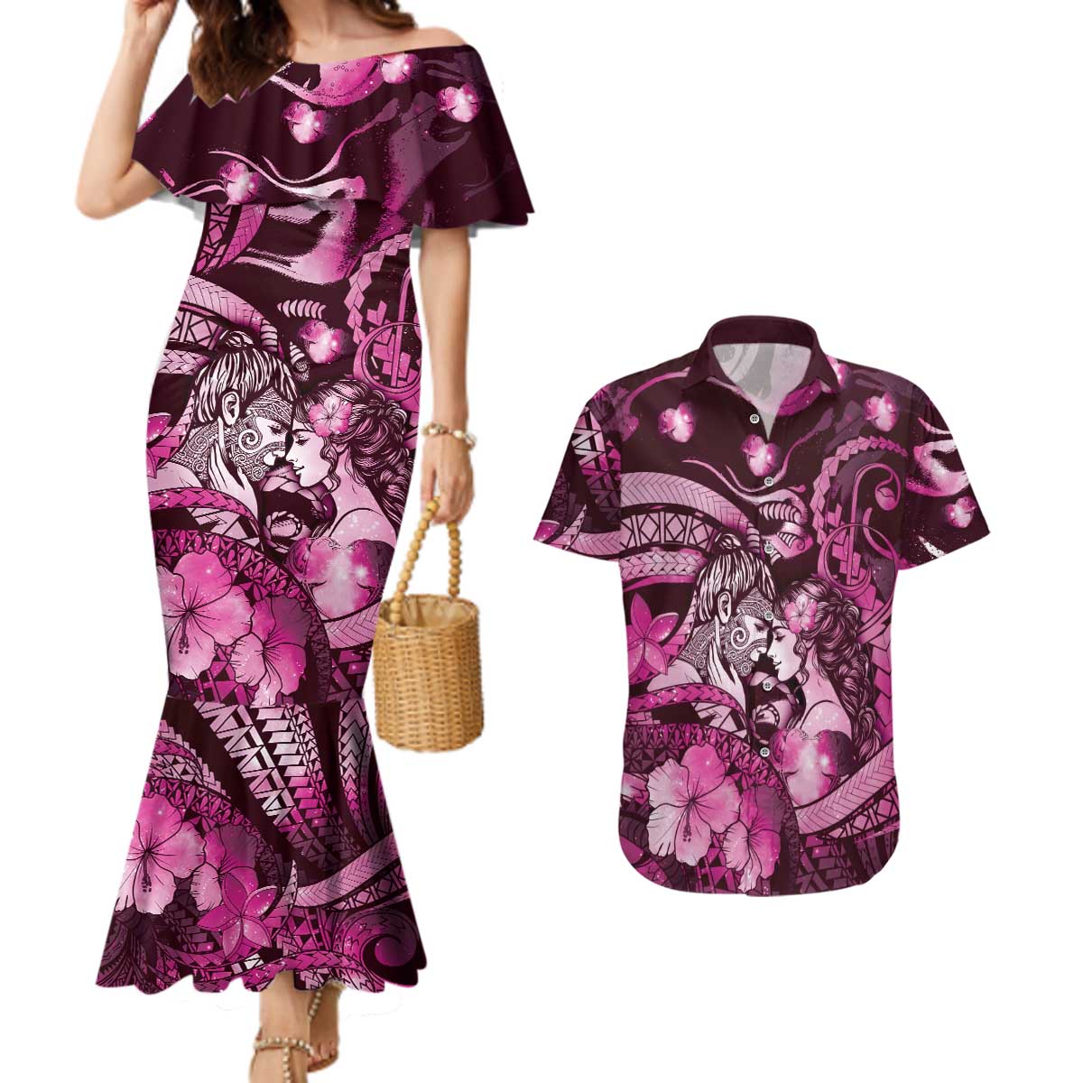 Personalised Maori Romantic Valentine Couples Matching Mermaid Dress and Hawaiian Shirt The Hongi Kiss Pink Galaxy DT05 Pink - Polynesian Pride