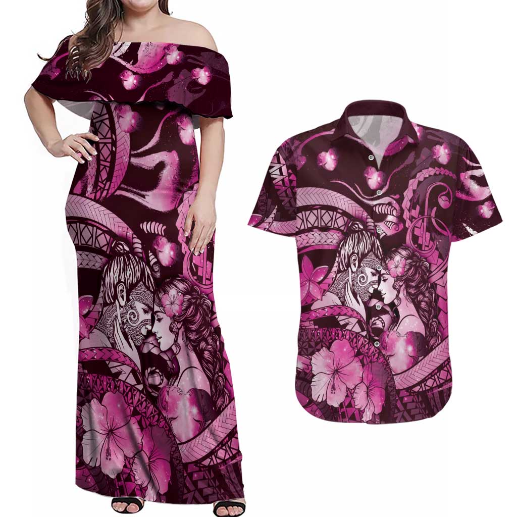 Personalised Maori Romantic Valentine Couples Matching Off Shoulder Maxi Dress and Hawaiian Shirt The Hongi Kiss Pink Galaxy DT05 Pink - Polynesian Pride