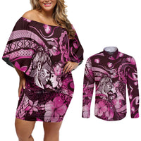 Personalised Maori Romantic Valentine Couples Matching Off Shoulder Short Dress and Long Sleeve Button Shirt The Hongi Kiss Pink Galaxy DT05 Pink - Polynesian Pride