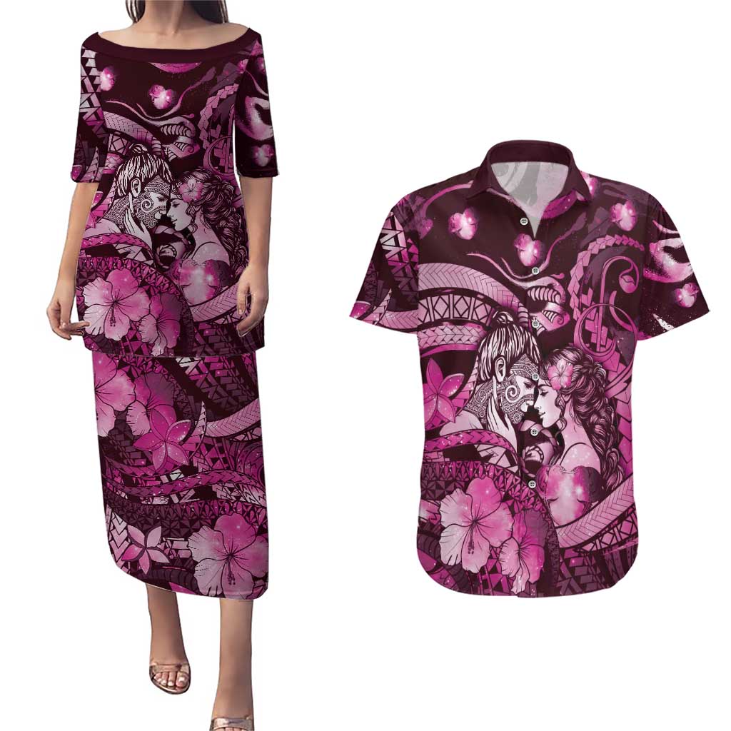 Personalised Maori Romantic Valentine Couples Matching Puletasi and Hawaiian Shirt The Hongi Kiss Pink Galaxy DT05 Pink - Polynesian Pride