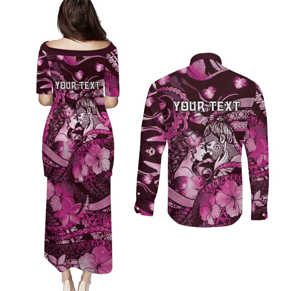 Personalised Maori Romantic Valentine Couples Matching Puletasi and Long Sleeve Button Shirt The Hongi Kiss Pink Galaxy