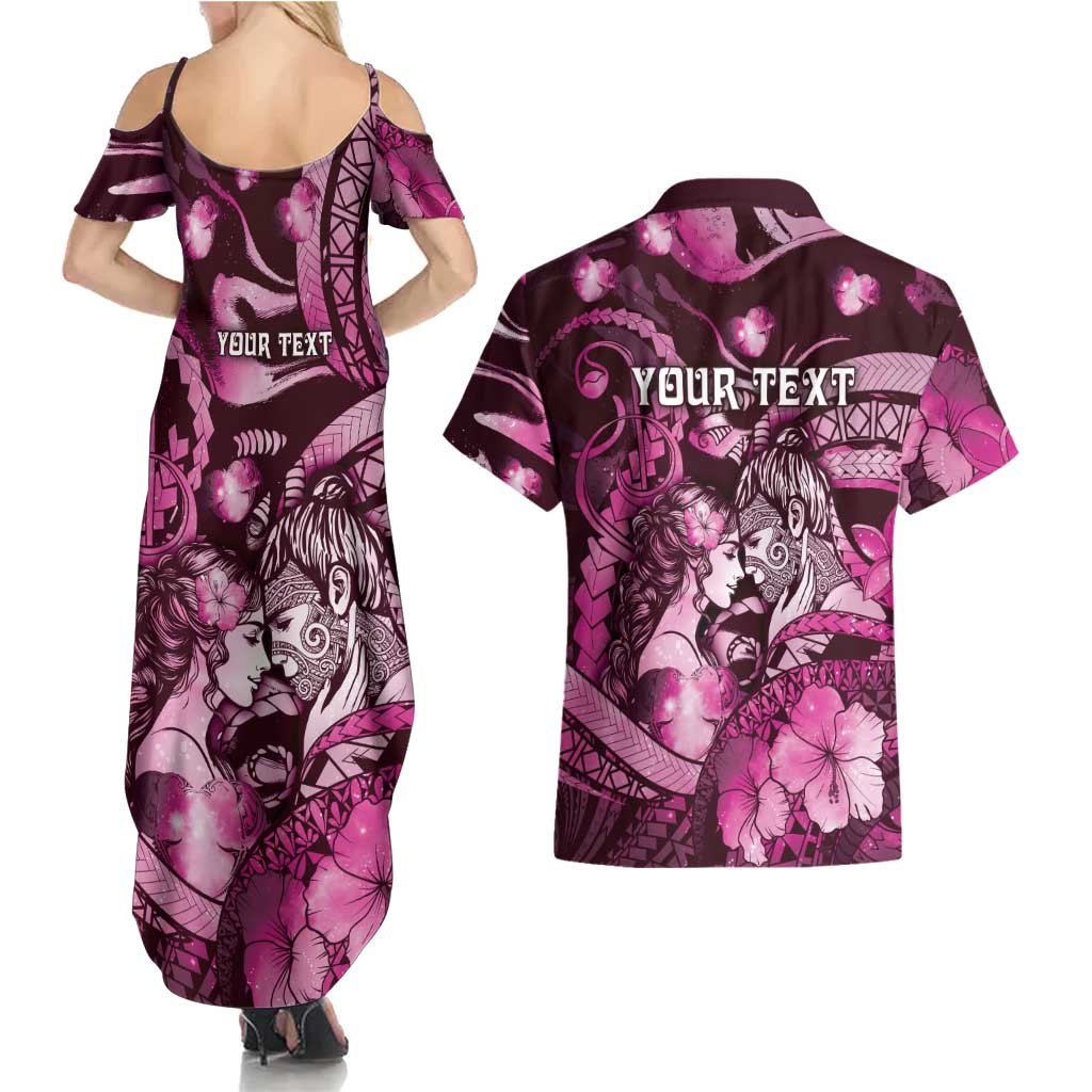 Personalised Maori Romantic Valentine Couples Matching Summer Maxi Dress and Hawaiian Shirt The Hongi Kiss Pink Galaxy DT05 - Polynesian Pride