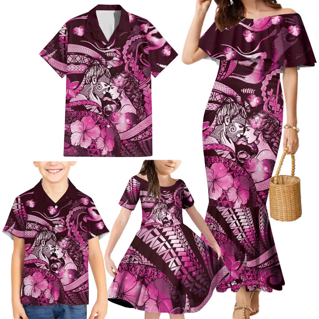 Personalised Maori Romantic Valentine Family Matching Mermaid Dress and Hawaiian Shirt The Hongi Kiss Pink Galaxy DT05 - Polynesian Pride