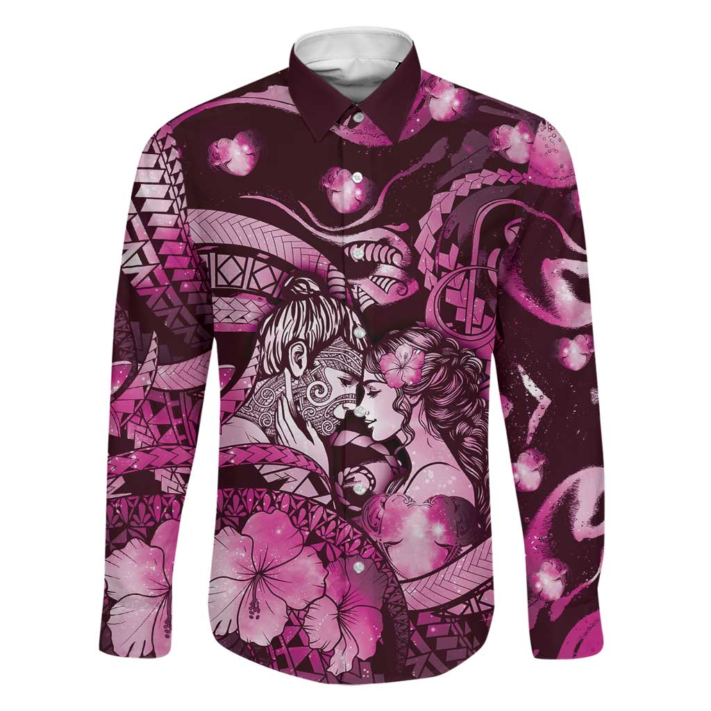 Personalised Maori Romantic Valentine Family Matching Mermaid Dress and Hawaiian Shirt The Hongi Kiss Pink Galaxy DT05 Dad's Shirt - Long Sleeve Pink - Polynesian Pride