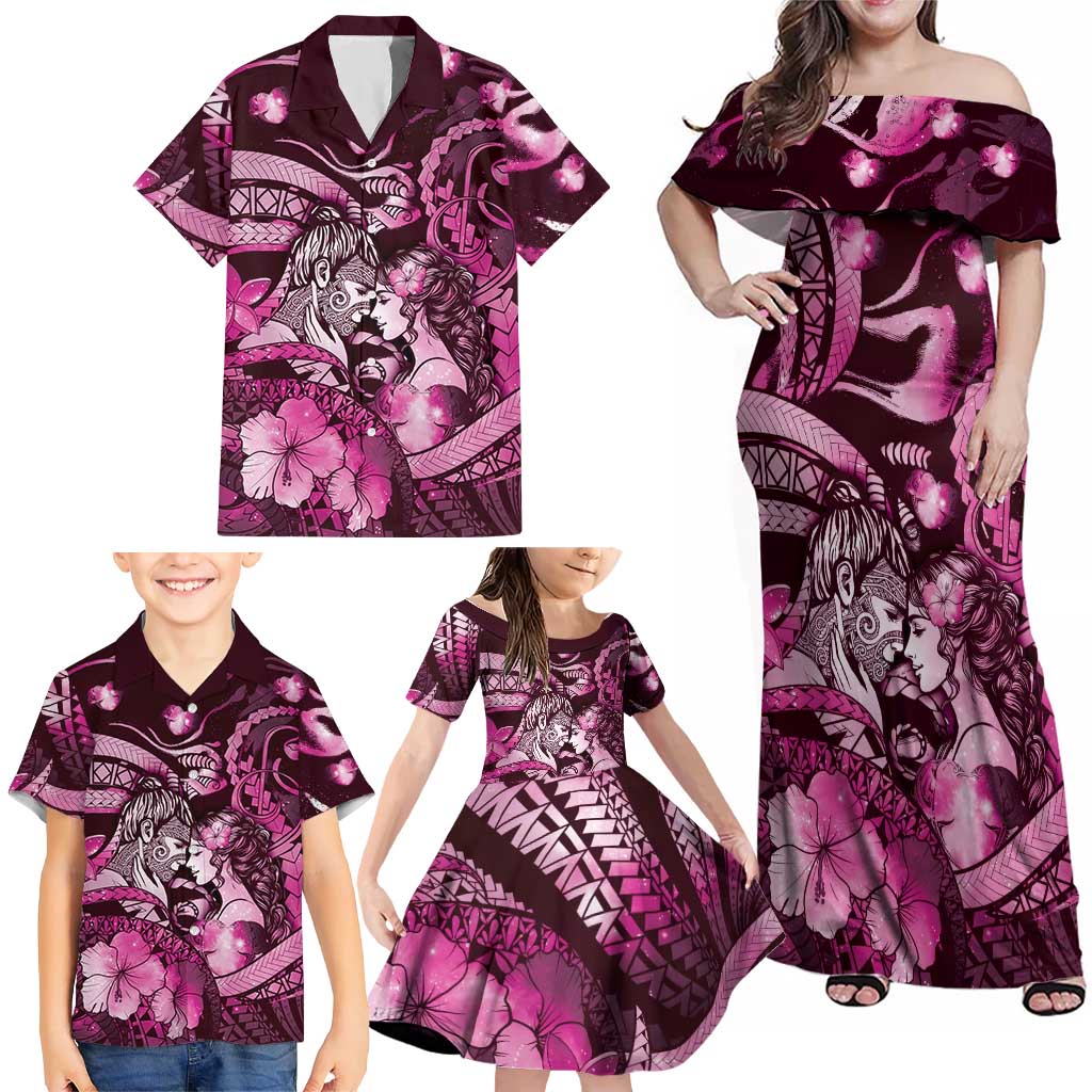 Personalised Maori Romantic Valentine Family Matching Off Shoulder Maxi Dress and Hawaiian Shirt The Hongi Kiss Pink Galaxy DT05 - Polynesian Pride
