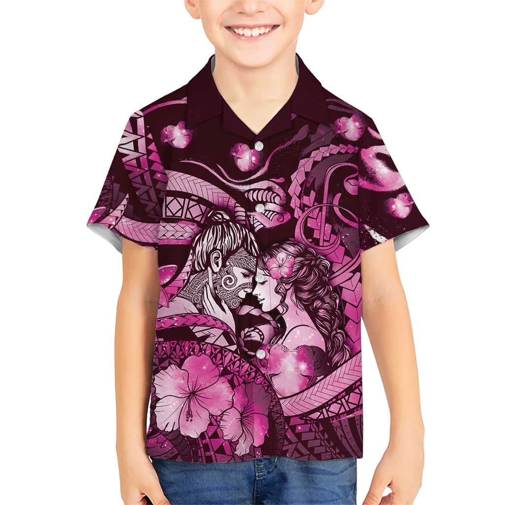 Personalised Maori Romantic Valentine Family Matching Off Shoulder Maxi Dress and Hawaiian Shirt The Hongi Kiss Pink Galaxy DT05 Son's Shirt Pink - Polynesian Pride